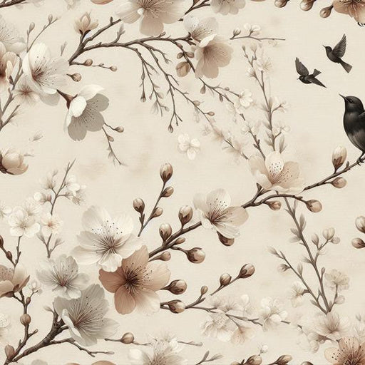 Bird Mural Wallpaper | Vintage Neutral-Toned Cherry Blossom