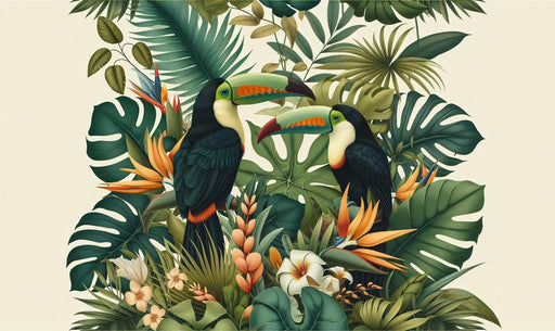 Bird Mural Wallpaper | Pair of Toucans in a Tropical Foliage