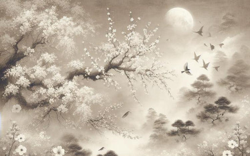 Bird Mural Wallpaper | Misty Décor with Full Moon