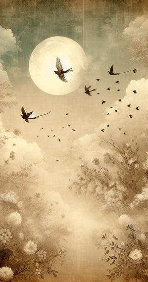 Bird Mural Wallpaper | Vintage Decor with Full Moon