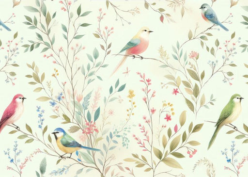 Bird Mural Wallpaper | Pastel-colored Leaves and Birds