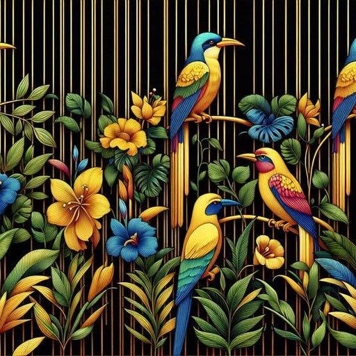 Bird Mural Wallpaper | Black Background with Golden Birds