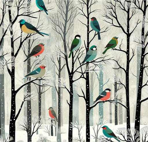 Bird Mural Wallpaper | Snowy Forest with Multicolored Birds