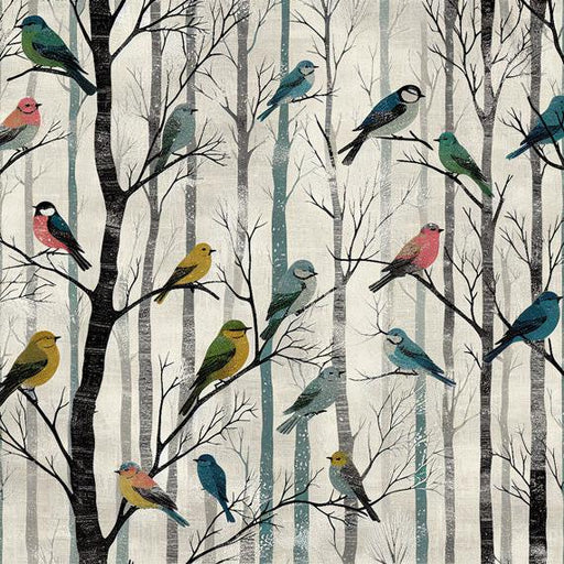 Bird Mural Wallpaper | Black and White Forest with Colorful Birds