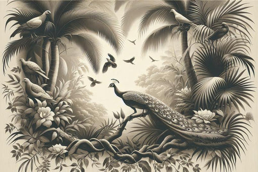 Bird Mural Wallpaper | Vintage Peacock Under Palm Trees