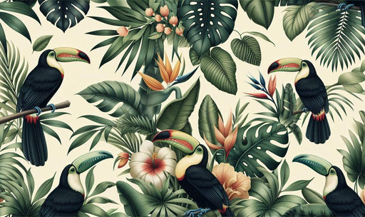 Bird Mural Wallpaper | Toucans and Vintage Tropical Foliage