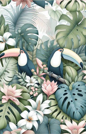 Bird Mural Wallpaper | Toucans, Monstera, and Palm Leaf
