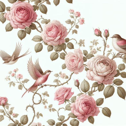 Bird Mural Wallpaper | A Rosebush and Its Birds