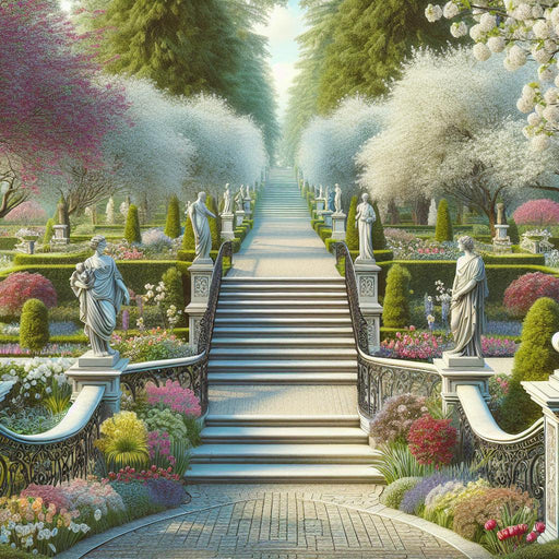 Trick-of-the-eye Mural Wallpaper | Main pathway of a royal garden with statues