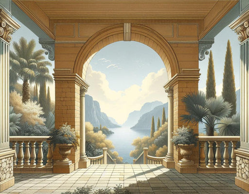 Optical Illusion Mural Wallpaper | Blue and Yellowish Arched Mediterranean Antique Style