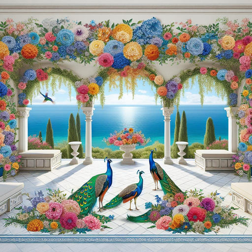 Mural Wallpaper Optical Illusion| Flowered Arches with Majestic Peacocks Facing the Sea