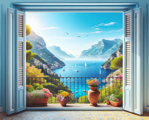 Mural Wallpaper Optical Illusion| Open Balcony Facing a Mediterranean Setting