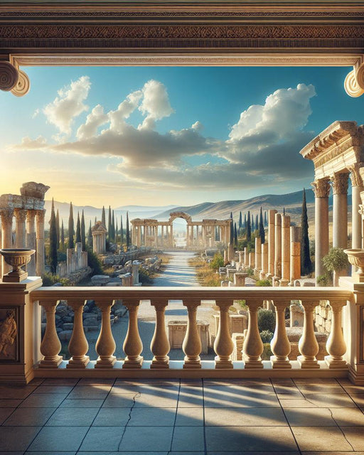 Optical Illusion Mural Wallpaper | Roman Balcony with Views of Monuments and Mountains