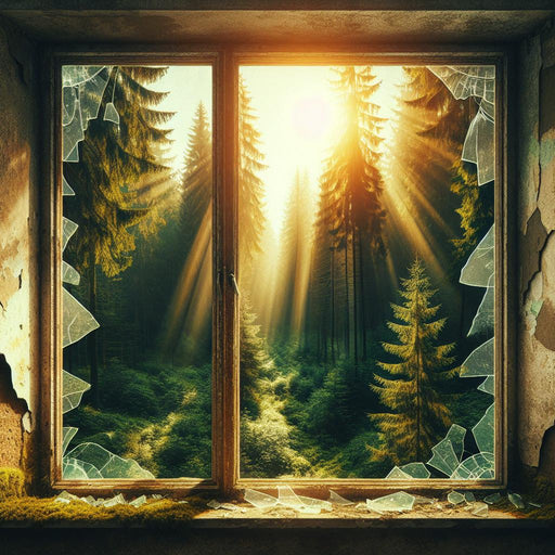 Optical Illusion Mural Wallpaper | Broken Window with a View of the Pine Forest