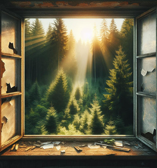 Optical Illusion Mural Wallpaper | Open and Dilapidated Window Overlooking a Pine Forest