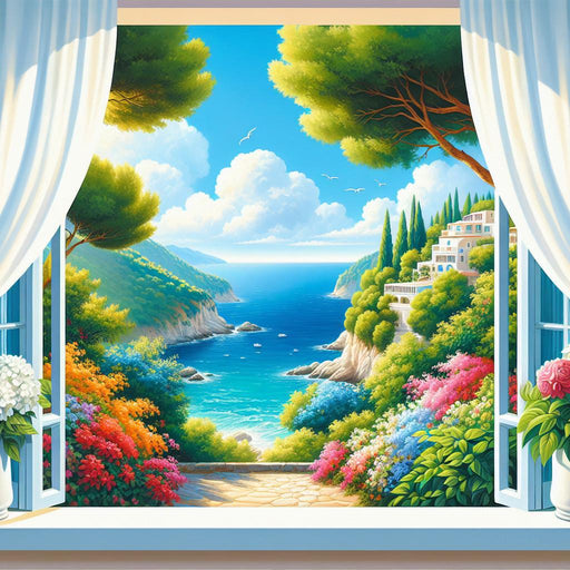 Mural Wallpaper Optical Illusion | Open Window and White Curtains on Mediterranean Landscape