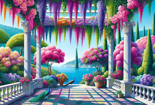 Mural Wallpaper Optical Illusion | Antique flower garden with arch and peacock facing the Mediterranean