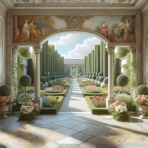 Optical Illusion Mural Wallpaper | Versailles Style Garden with Oil Painting on the Walls