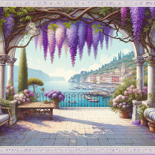 Mural Wallpaper Optical Illusion | Mediterranean Landscape with Balcony and Colorful Village