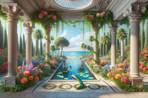 Mural Wallpaper Optical Illusion| Small Ancient and Vegetated Water Feature with Peacocks