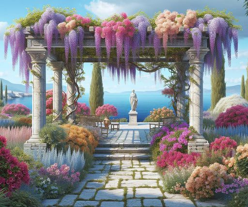 Mural Wallpaper Optical Illusion | Zenitude Square Facing the Sea with Statue and Flowers