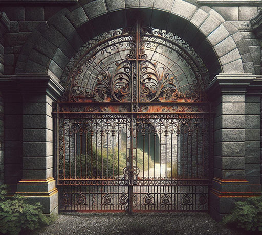 Mural Wallpaper Optical Illusion | Rusty Gate and Gray Granite Stone Wall