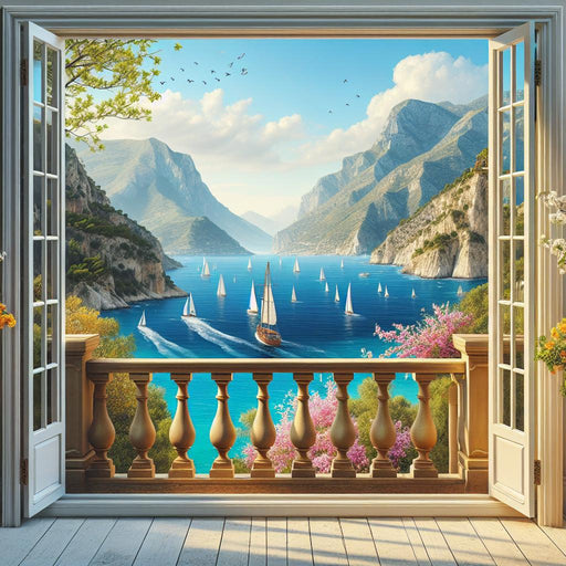 Mural Wallpaper Optical Illusion | Open French window with a breathtaking view of a boat departure