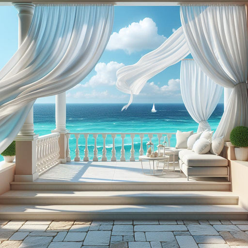 Optical Illusion Mural Wallpaper | White Curtains Blowing in front of the Sea