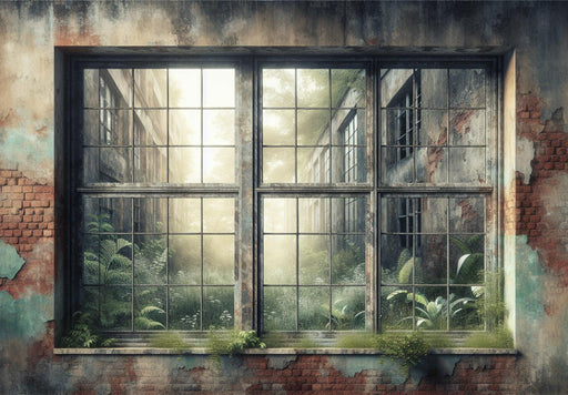 Optical Illusion Mural Wallpaper | Dilapidated Glass Wall Facing the Undergrowth