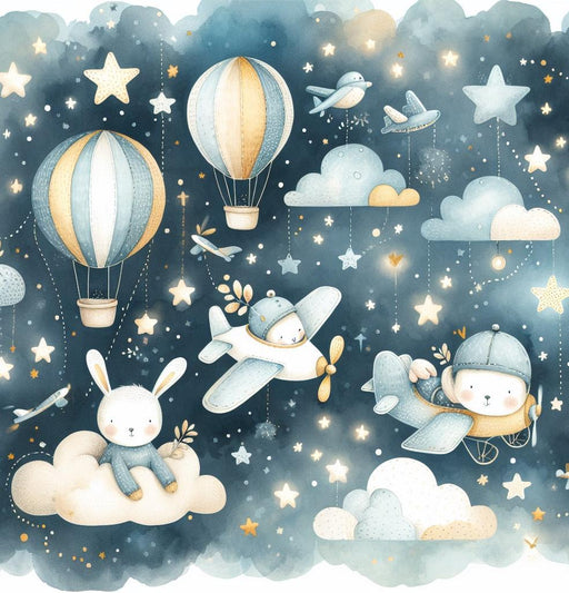 Baby room Mural Wallpaper | Midnight blue watercolor with bear in airplane