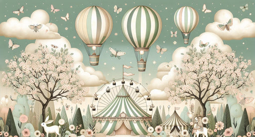 Children's Bedroom Mural Wallpaper | Circus with Hot Air Balloons, Butterflies, and Imaginary Animals