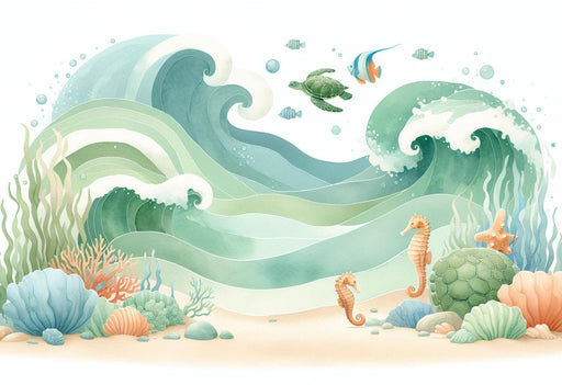Children's Bedroom Mural Wallpaper | Underwater, Seahorses, Turtle, and Corals