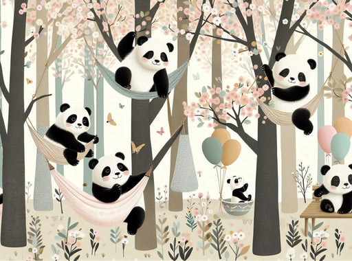 Children's bedroom Mural Wallpaper | Pandas lounging in hammocks