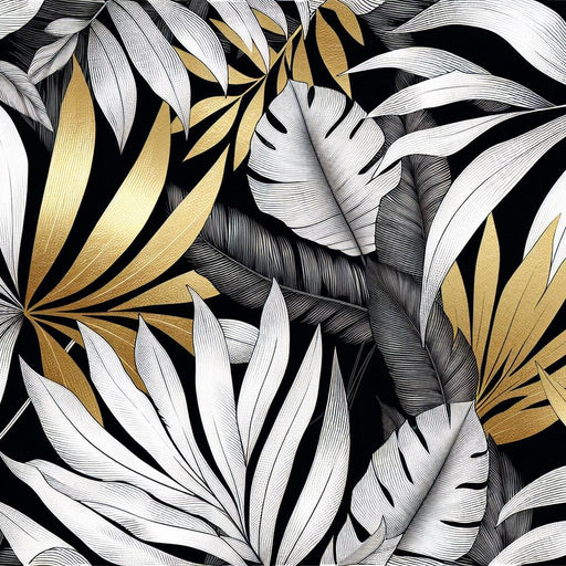 White and Gold Foliage Mural Wallpaper | Palm Leaves with Golden Accents