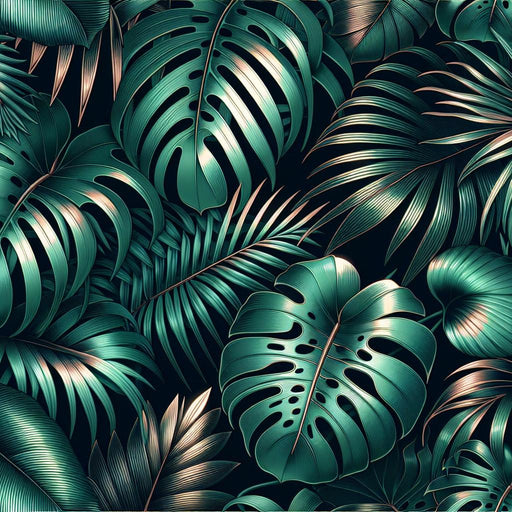 Foliage Mural Wallpaper | Monstera and Green Palm Leaves with a Copper Touch