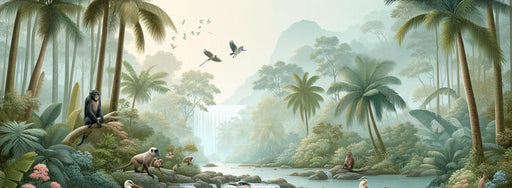 Tropical Mural Wallpaper | Palm Trees, Waterfalls, and Various Animals