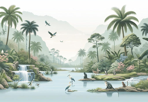 Tropical Mural Wallpaper | Palm Trees, Waterfalls, Cranes, and Monkeys