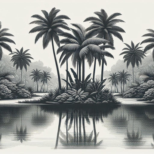 Black and White Mural Wallpaper | Palm Oasis with Calm and Zen Water