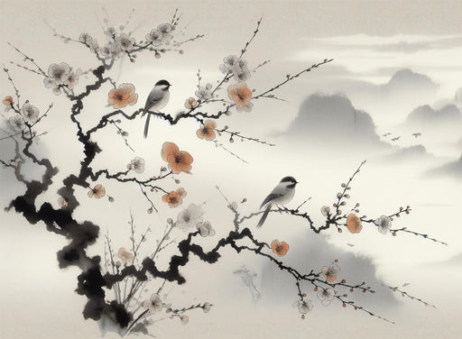 Japanese Cherry Blossom Mural Wallpaper | With Texture and Birds