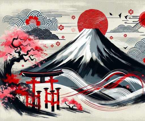 Monte Fuji Con Fiore Di Ciliegio E Fiori Al Lago in Giappone Illustrazione di Stock Monte Fuji Con Fiore Di Ciliegio E Fiori Al Lago in Giappone Illustrazione di Stock