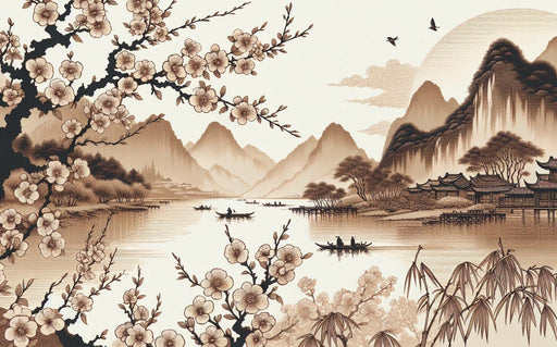 Japanese Mural Wallpaper | Sakura and Tranquil Lake in Beige Tones