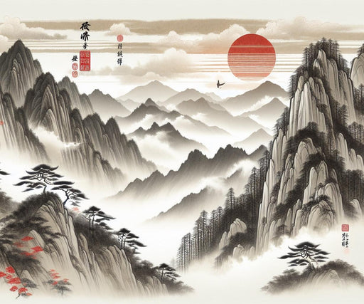 Japanese Mountain Mural Wallpaper | Neutral Tones with a Touch of Red