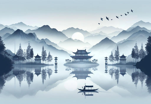 Zen Mural Wallpaper | Sunrise Inspiration Facing a Japanese Temple and a Tranquil Lake