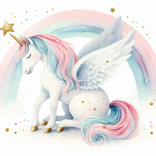 Watercolor Rainbow Mural Wallpaper | Unicorn and Golden Stars