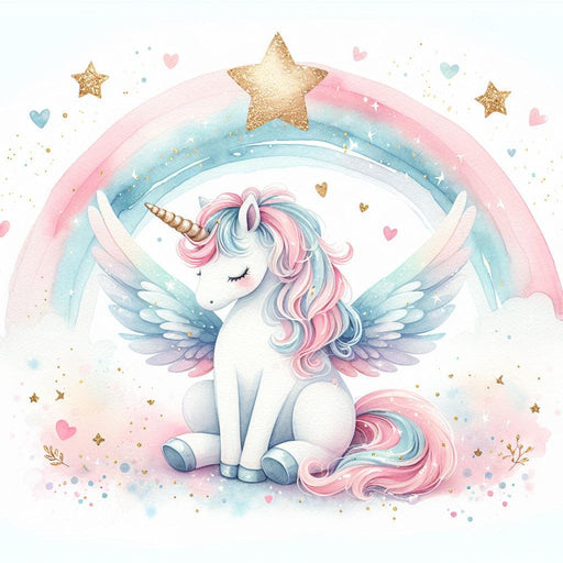 Rainbow Mural Wallpaper | Golden Stars, Unicorn, and Watercolor Rainbow