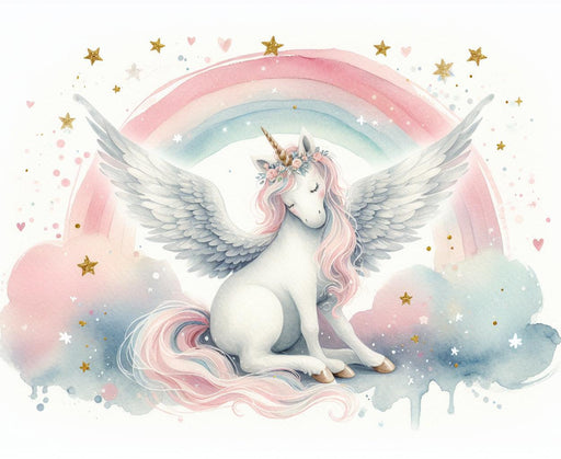Rainbow Mural Wallpaper | Watercolor Unicorn with Golden Stars