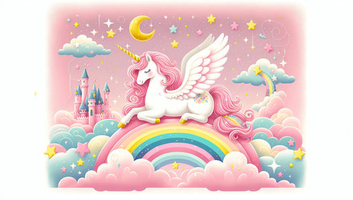 Rainbow Mural Wallpaper | Unicorn, Stars, and Castle on a Pink Background