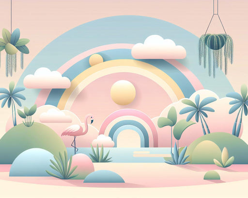 Rainbow Mural Wallpaper | Cloud and Pink Flamingo with Tropical Oasis