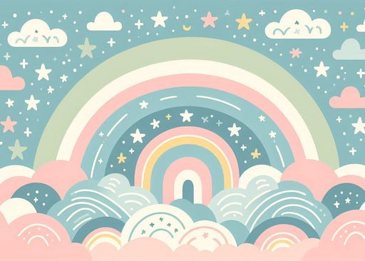 Rainbow Mural Wallpaper | Multicolored Clouds with Stars and Rainbow