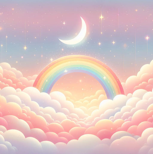 Rainbow Mural Wallpaper | Pink Clouds, Stars, and Crescent Moon